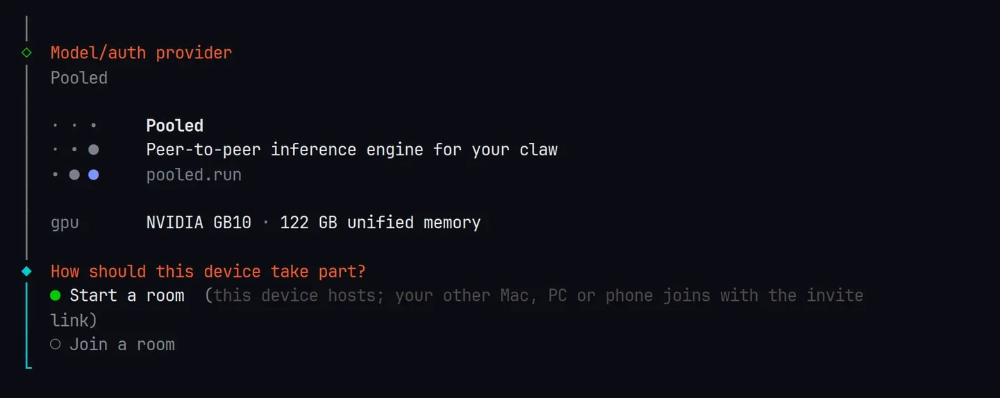 Pooled, gpu NVIDIA GB10 · 122 GB unified memory, then How should this device take part? Start a room, or Join a room