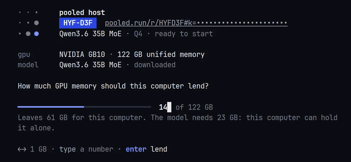How much GPU memory should this computer lend? with 14 of 122 GB typed, and a note that the model needs 23 GB